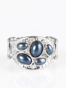 Pearly blue beads are pressed into a delicately hammered silver band for a refined look. Dainty white rhinestones are sprinkled along the colorful band for an elegant finish. Features a stretchy band for a flexible fit.  Sold as one individual ring.