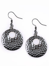 Load image into Gallery viewer,   Embossed in tactile textures, a shimmery gunmetal frame swings from the ear for an edgy look. Earring attaches to a standard fishhook fitting.  Sold as one pair of earrings. 