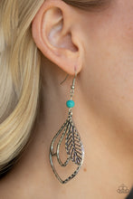 Load image into Gallery viewer, Featuring a hammered antiqued finish, feathery silver frames overlap inside of a silver teardrop frame. The whimsical frame swings from the bottom of a smooth turquoise stone bead for a seasonal finish. Earring attaches to a standard fishhook fitting.  Sold as one pair of earrings.  Always nickel and lead free.