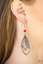 Load image into Gallery viewer, Featuring a hammered antiqued finish, feathery silver frames overlap inside of a silver teardrop frame. The whimsical frame swings from the bottom of a smooth red stone bead for a seasonal finish. Earring attaches to a standard fishhook fitting.  Sold as one pair of earrings.  Always nickel and lead free.