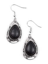 Load image into Gallery viewer, Chiseled into a tranquil teardrop, an earthy black stone is pressed into the center of a twisting silver frame for a handcrafted look. Earring attaches to a standard fishhook fitting.  Sold as one pair of earrings.