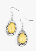 Load image into Gallery viewer, Chiseled into a tranquil teardrop, a sunny yellow stone is pressed into the center of a twisting silver frame for a handcrafted look. Earring attaches to a standard fishhook fitting. Sold as one pair of earrings.
