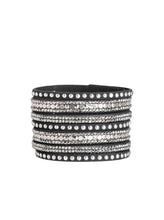 Load image into Gallery viewer, A thick black suede band has been spliced into glittery strands encrusted in a collection of dainty gunmetal studs, glittery hematite rhinestones, and flat gunmetal sequins for a sassy look. Features an adjustable snap closure.  Sold as one individual bracelet.  P9DI-URBK-199XX  