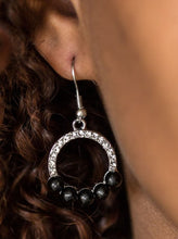 Load image into Gallery viewer, Bubbly black beads dot the bottom of a white rhinestone encrusted hoop, creating a glamorous lure. Earring attaches to a standard fishhook fitting.  Sold as one pair of earrings.