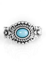 Load image into Gallery viewer, A refreshing blue bead is pressed into an ornate silver frame. Brushed in an antiqued shimmer, a pair of glistening silver flowers flank the colorful center for a summery finish. Features a dainty stretchy band for a flexible fit.  Sold as one individual ring.
