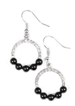 Load image into Gallery viewer, Bubbly black beads dot the bottom of a white rhinestone encrusted hoop, creating a glamorous lure. Earring attaches to a standard fishhook fitting.  Sold as one pair of earrings.