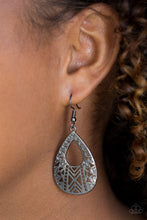 Load image into Gallery viewer, Brushed in a high-sheen finish, edgy geometric patterns climb a shiny gunmetal teardrop for a trendy tribal look. Earring attaches to a standard fishhook fitting.  Sold as one pair of earrings.  Always nickel and lead free.