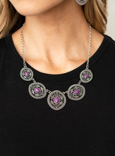 Load image into Gallery viewer, Dainty purple stones dot the centers of leafy silver filigree filled frames that delicately connect below the collar, creating a colorfully earthy look. Features an adjustable clasp closure.  Sold as one individual necklace. Includes one pair of matching earrings.  Always nickel and lead free.