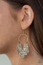Load image into Gallery viewer, Embossed in tactile tribal inspired patterns, an abstract geometric frame swings from a brass wire fitting for a tribal inspired look. Earrings attaches a standard fishhook fittings.  Sold as one pair of earrings.  Always nickel and lead free.