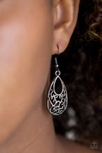 Load image into Gallery viewer, Vine-like filigree climbs a gunmetal teardrop for a whimsical look. Earring attaches to a standard fishhook fitting.  Sold as one pair of earrings.  Always nickel and lead free.