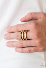 Load image into Gallery viewer, Featuring sharp angles, edgy gold bands stack across the finger. Featuring a smooth finish, a dainty gold band joins a black rhinestone encrusted band, adding refined shimmer to the bold industrial palette. Features a stretchy band for flexible fit.  Sold as one individual ring.  Always nickel and lead free.
