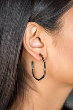 Load image into Gallery viewer, A glistening gunmetal bar zigzags into an edgy hoop for a fierce industrial look. Earring attaches to a standard post fitting. Hoop measures 1 1/2&quot; in diameter.  Sold as one pair of hoop earrings.  Always nickel and lead free.