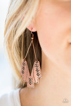 Load image into Gallery viewer, Stamped in tribal inspired patterns, an abstract geometric frame swings from a copper wire fitting for a tribal inspired look. Earrings attaches a standard fishhook fittings.  Sold as one pair of earrings.  Always nickel and lead free.