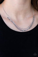 Load image into Gallery viewer, Smoky rhinestones trickle from the bottom of a silver wire, creating a glittery fringe below the collar. Features an adjustable clasp closure.  Sold as one individual necklace. Includes one pair of matching earrings.  Always nickel and lead free.