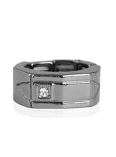 Load image into Gallery viewer, A glassy white rhinestone is pressed into the corner edge of a geometric stamped rectangular gunmetal frame. Features a stretchy band for a flexible fit.  Sold as one individual ring.  Always nickel and lead free.