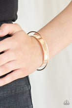 Load image into Gallery viewer, Featuring rose gold beaded fittings, a dainty rose gold bar arcs over a flat rose gold cuff and is fitted in place for a sleek, modern look.  Sold as one individual bracelet. Always nickel and lead free.