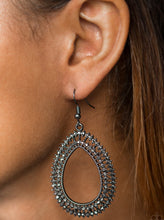 Load image into Gallery viewer, Two rows of sparkling hematite rhinestones are sprinkled along a stacked gunmetal teardrop for a glamorous look. Earring attaches to a standard fishhook fitting.  Sold as one pair of earrings.