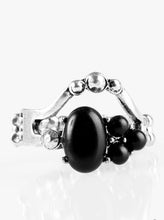 Load image into Gallery viewer, Black stone beads are haphazardly pressed into an arcing silver band for a seasonal look. Silver studs are sprinkled across the swooping bands for a shimmery finish. Features a dainty stretchy band for a flexible fit.  Sold as one individual ring.