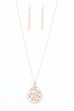 Load image into Gallery viewer, Leafy rose gold branches fan out across a glistening rose gold teardrop frame, creating a whimsical pendant at the bottom of a lengthened rose gold chain. Features an adjustable clasp closure.  Sold as one individual necklace. Includes one pair of matching earrings.  