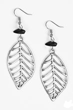 Load image into Gallery viewer, An airy silver leaf swings from the bottom of a shiny black pebble, creating a seasonal lure. Earring attaches to a standard fishhook fitting.  Sold as one pair of earrings. 