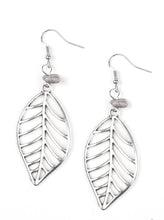 Load image into Gallery viewer, An airy silver leaf swings from the bottom of a refreshing gray pebble, creating a seasonal lure. Earring attaches to a standard fishhook fitting.  Sold as one pair of earrings.