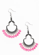 Load image into Gallery viewer, Faceted pink beads swing from the bottom of a studded silver frame, creating a whimsical lure. Earring attaches to a standard fishhook fitting.  Sold as one pair of earrings.