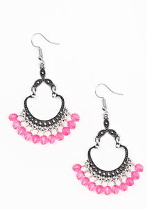 Faceted pink beads swing from the bottom of a studded silver frame, creating a whimsical lure. Earring attaches to a standard fishhook fitting.  Sold as one pair of earrings.