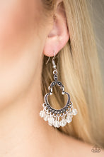Load image into Gallery viewer, Faceted white beads swing from the bottom of a studded silver frame, creating a whimsical lure. Earring attaches to a standard fishhook fitting.  Sold as one pair of earrings.  Always nickel and lead free. 