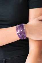 Load image into Gallery viewer, Strung between two silver fittings, glistening silver and gunmetal accents slide along strands of purple suede for a seasonal look. Features an adjustable clasp closure.  Sold as one individual bracelet.  Always nickel and lead free.