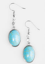 Load image into Gallery viewer, A smooth turquoise stone is pressed into a sleek silver frame, creating an earthy lure. Earring attaches to a standard fishhook fitting.  Sold as one pair of earrings.
