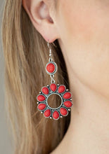 Load image into Gallery viewer, A fiery collection of red teardrop stones fan out from a textured silver ring, creating a scalloped floral frame at the bottom of a round red stone dotted frame. Earring attaches to a standard fishhook fitting.  Sold as one pair of earrings.  Always nickel and lead free.  Fashion Fix Exclusive June 2021