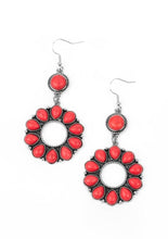 Load image into Gallery viewer, A fiery collection of red teardrop stones fan out from a textured silver ring, creating a scalloped floral frame at the bottom of a round red stone dotted frame. Earring attaches to a standard fishhook fitting.  Sold as one pair of earrings.  Always nickel and lead free.  Fashion Fix Exclusive June 2021