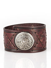 Load image into Gallery viewer, Featuring a flowery silver bead, a thick brown leather band has been stitched in diamond patterns across the front for a rugged look. Features an adjustable snap closure.  Sold as one individual bracelet.