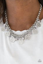 Load image into Gallery viewer, Delicately hammered in shimmery textures, glistening silver discs, polished silver and glassy beading swing from the bottom of a thick silver chain, creating a flirty fringe below the collar. Features an adjustable clasp closure.  Sold as one individual necklace. Includes one pair of matching earrings. Always nickel and lead free.