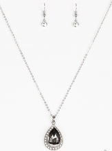 Load image into Gallery viewer, Featuring a regal teardrop cut, a smoky gem sits atop a silver frame encrusted in glassy white rhinestones. The royal pendant swings below the collar in a glamorous fashion. Features an adjustable clasp closure.  Sold as one individual necklace. Includes one pair of matching earrings.