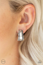 Load image into Gallery viewer, Flanked in studded rows, a shiny silver frame curls around the ear for a classic look. Earring attaches to a standard clip-on fitting.  Sold as one pair of clip-on earrings.  Always nickel and lead free.