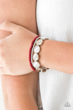Load image into Gallery viewer, Mismatched silver and red beads and round silver accents are threaded along stretchy bands, creating colorful layers around the wrist.  Sold as one set of three bracelets.   Always nickel and lead free.