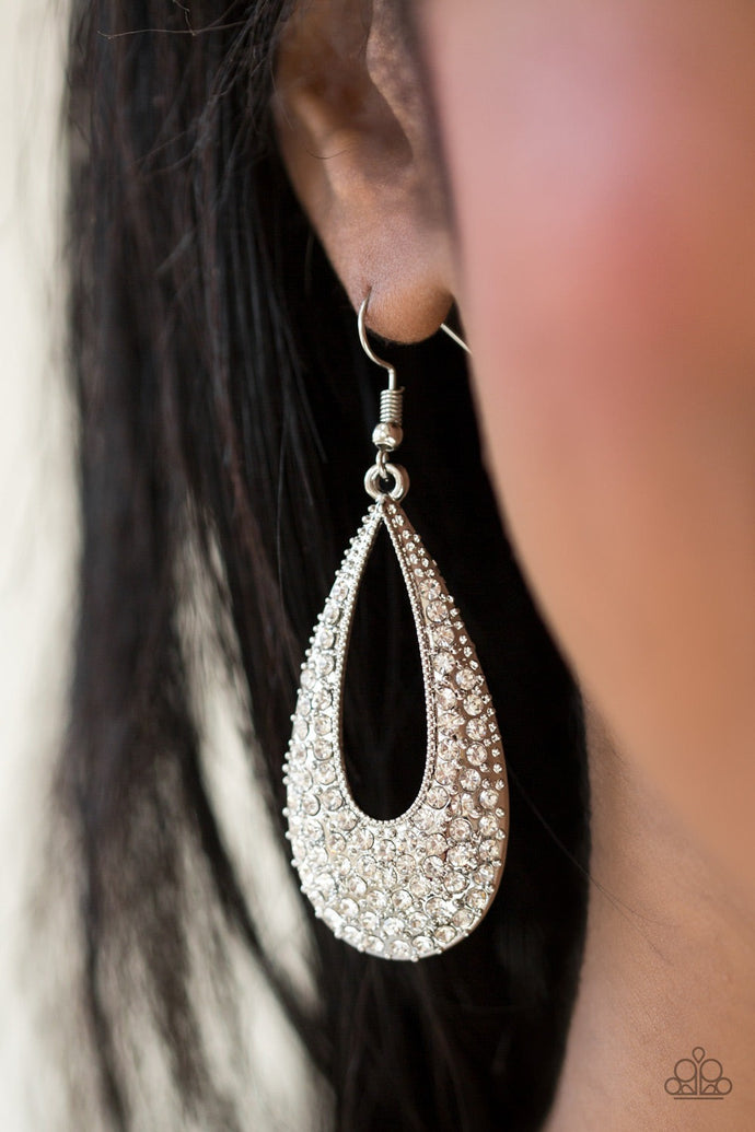 As if dipped in glitter, an airy teardrop lure is encrusted in row after row of glittery white rhinestones for a dramatic look. Earring attaches to a standard fishhook fitting.  Sold as one pair of earrings.
