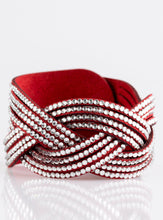 Load image into Gallery viewer, Glassy white rhinestones are encrusted along crisscrossing strands of red suede, creating bold shimmer around the wrist. Features an adjustable snap closure. Sold as one individual bracelet.