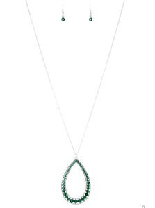 An oversized silver teardrop frame is encrusted in glittery green rhinestones that gradually increase in size at the bottom for a showstopping finish. The sparkling pendant swings from the bottom of a lengthened silver chain for a slimming finish. Features an adjustable clasp closure. Sold as one individual necklace. Includes one pair of matching earrings.