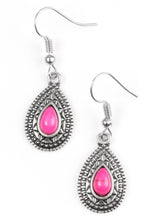 Load image into Gallery viewer, Chiseled into a tranquil teardrop, a vivacious pink stone is pressed into the center of a silver frame radiating with shimmery sunburst details. Earring attaches to a standard fishhook fitting.  Sold as one pair of earrings.