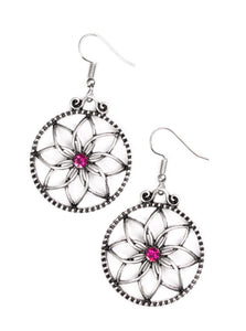 Brushed in an antiqued shimmer, glistening silver bars bend into airy petals. A glittery pink rhinestone dots the floral center for a feminine finish. Earring attaches to a standard fishhook fitting.  Sold as one pair of earrings.