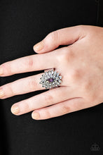 Load image into Gallery viewer, Dotted in dainty white rhinestones, silver petals radiate from a regal purple marquise shaped rhinestone center for an edgy look. Features a stretchy band for a flexible fit.  Sold as one individual ring.  Always nickel and lead free!