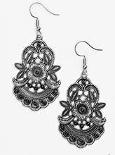 Load image into Gallery viewer, Delicately etched and dotted in tactile textures, leafy silver frames bloom into a summery floral frame. Dainty black beads dot the seasonal frame for a colorful finish. Earring attaches to a standard fishhook fitting.  Sold as one pair of earrings.
