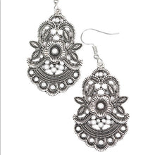 Load image into Gallery viewer, Delicately etched and dotted in tactile textures, leafy silver frames bloom into a summery floral frame. Dainty gray beads dot the seasonal frame for a colorful finish. Earring attaches to a standard fishhook fitting.  Sold as one pair of earrings.