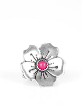 Load image into Gallery viewer, A bright pink bead is pressed into the center of a blooming silver flower radiating with antiqued details for a whimsical look. Features a stretchy band for a flexible fit.  Sold as one individual ring.