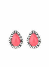 Load image into Gallery viewer, A polished pink teardrop bead is pressed into the center of a studded silver frame for a colorful flair. Earring attaches to a standard post fitting.  Sold as one pair of post earrings.