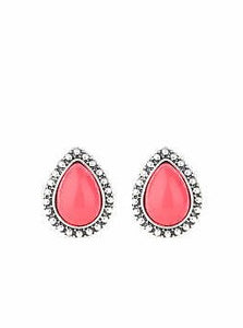 A polished pink teardrop bead is pressed into the center of a studded silver frame for a colorful flair. Earring attaches to a standard post fitting.  Sold as one pair of post earrings.