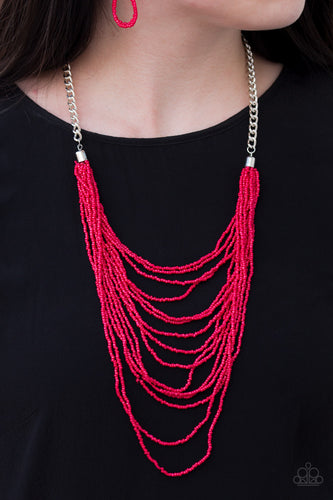 Row after row of fiery red seed beads cascade down the chest, creating summery layers. Features an adjustable clasp closure.  Sold as one individual necklace. Includes one pair of matching earrings.  