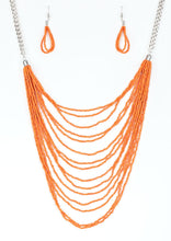 Load image into Gallery viewer, Row after row of vivacious orange seed beads cascade down the chest, creating summery layers. Features an adjustable clasp closure.  Sold as one individual necklace. Includes one pair of matching earrings.